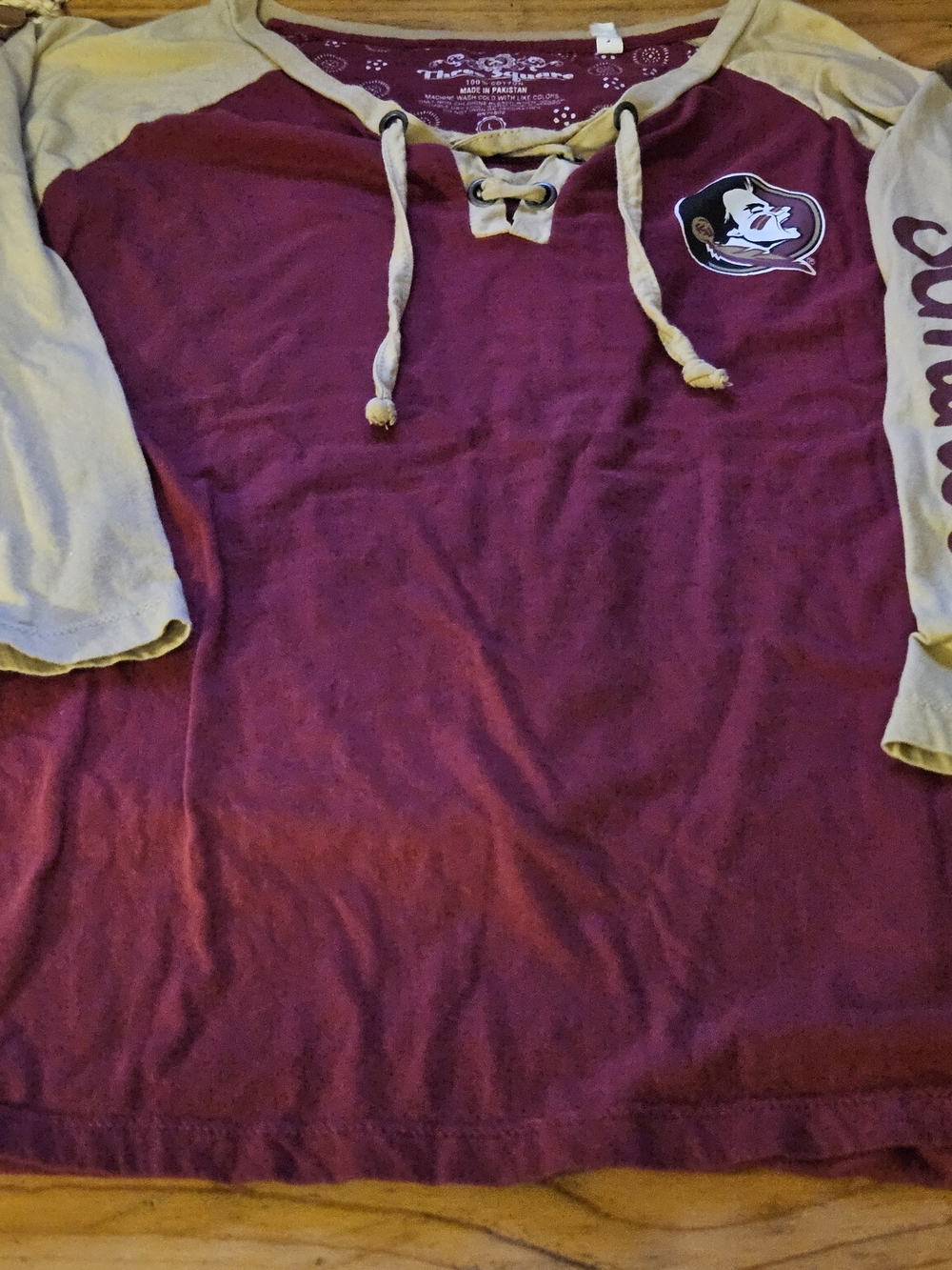 Girls Maroon and Tan Lace-Up Raglan Long-Sleeve Tee - Collegiate Logo